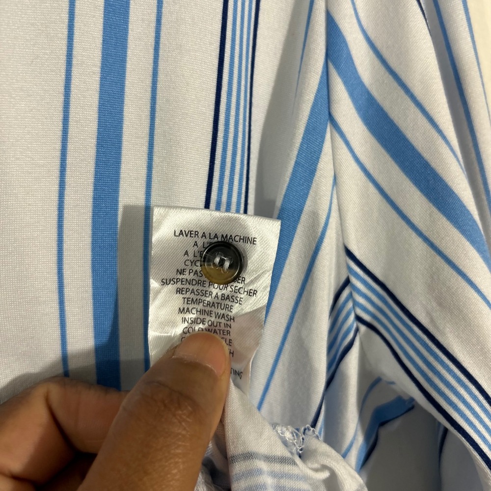 Striped Button Down Shirt Blue White Long Sleeve Drawstring Casual Womens - Picture 6 of 9